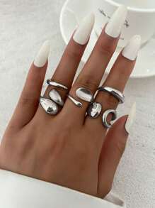5pcs/Set Vintage Simple Minimalist Thick Chunky Round Design Open Ring Set, Asymmetrical Fashionable Unique Finger Rings, Suitable For Women Daily Commute, Holiday Gifts, Party Decoration Charming Jewelry Set
