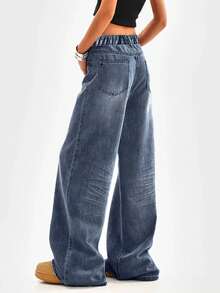 Light Blue Straight Leg Jeans For Tween Girls & Teenagers, Casual Loose Fit Retro Wide Leg Pants - Navy Blue - View 5