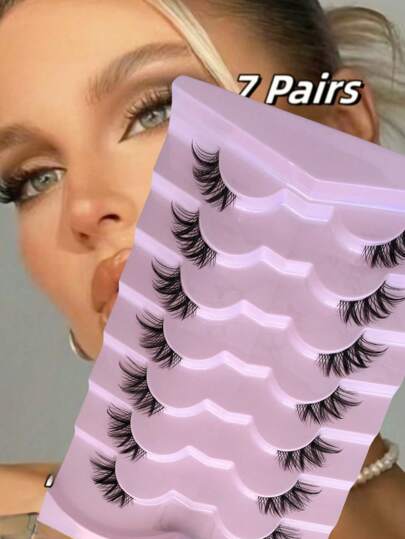 7 pares de pestañas postizas de media longitud con banda transparente, estilo ojo de gato | Pestañas postizas 3D suaves y cortas de imitación de visón, de apariencia natural y rizada, de larga duración y resistentes al sudor, perfectas para el glamour diario de Oriente Medio, festivales, bodas y maquillaje de fiesta