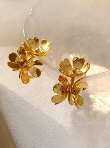 1 Pair Stainless Steel Exaggerated Gold Flower C-Shaped Hoop Earrings, Vintage Chic High-End Fashion Earrings For Women