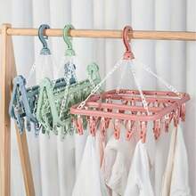1pc 32 Clips Folding Hanger Rack For Clothes, Underwear, Socks Organizer, Closet Storage Rack, Wind-Proof & Slip-Resistant, Randomly Colored Clips & Simple Folding Clothes Hanger (Randomly Colored) - Grey - View 2
