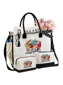 教师图案手提包带肩带和化妆包，（1个大包和2个小包），便携式休闲收纳手提包，多功能购物袋，带侧袋的个性化礼品袋，带围巾的沙滩包，适合教师，单肩包，日常使用，约会，度假，海滩，旅行，通勤，学生，母亲节礼物，教师节礼物，毕业礼物，（拉链随机）