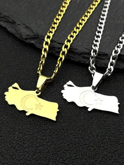 Collier avec pendentif en acier inoxydable en forme de carte turque, motif étoile et lune, couleur or/argent, accessoire pour femme et homme, bijou à la mode et luxueux.
