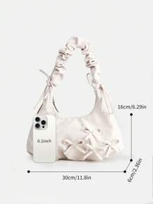 Bolso de hombro elegante para mujer con decoración de lazo de perlas, bolso de mano minimalista de unicolor de piel sintética (PU), bolso cruzado en forma de luna dulce, adecuado para compras, regalo, escuela, ir al trabajo