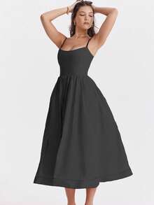 纯色性感U领褶饰腰部喇叭下摆无袖连衣裙 - 黑色 - 查看 6