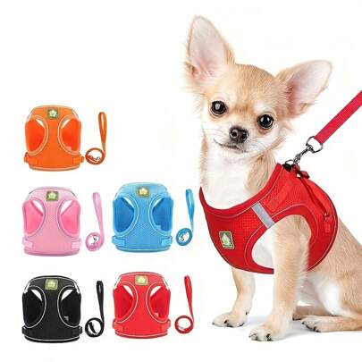 1pc New Comfortable Pet Dog Harness Vest Set With Reflective Strips, Breathable Mesh Chest Strap With Leash, Suitable For Outdoor Walking, Multiple Colors & Sizes For Dogs & Cats