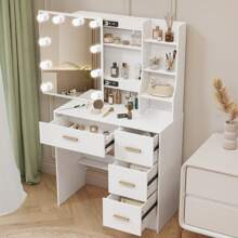White Dressing Table With LED Makeup Mirror And 7 Shelves 4 Drawers Vanity Desk