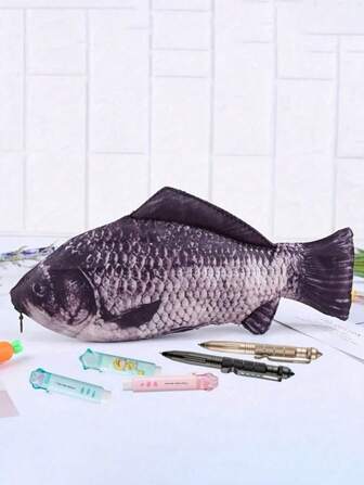Simulated Crucian Carp Pencil Case, Polyester, Large Capacity Fish-Shaped Portable Stationery Storage Organizer, Ideal For Students (Random Color), Back To School, School Supplies, Pencil Pouch, School Bag