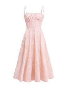 Unadoll 女士优雅性感露背褶饰领带、收腰度假约会、毕业季鸡尾酒会、晚宴、提花吊带连衣裙 - 粉色 - 查看 3