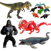 Modelos de dinossauros grandes, Tiranossauro Rex de 33 cm e Mosassauro de 38 cm com mandíbula móvel, figura de gorila King Kong Battle Roar de 19 cm, mascote dragão chinês Loong de 25 cm, conjunto de 8 dinossauros fofos - bonecos de ação de dinossauro realistas pintados à mão - Multicolorido - Ver 2