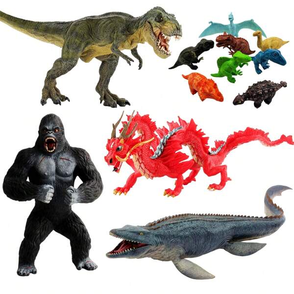 Big Size Dinosaur Models, 13-Inch Tyrannosaurus Rex & 15-Inch Mosasaurus Dinosaur Toy With Movable Jaw, 7.5-Inch Battle Roar King Kong Gorilla Figure, 10-Inch Loong Chinese Dragon Mascot, 8pcs Cute Dinosaurs Set - Hand-Painted Realistic Dino Action Figures Toys