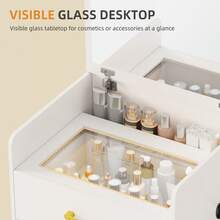 Gurexl 3 In 1 Vanity Desk With Flip Top Mirror,Small Make Up Vanity Set With Visible Glass Desktop,Compact Makeup Vanity With 3 Drawers,Cushioned Stool,Dressing Table For Bedroom - 白色 - 查看 5