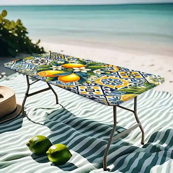 1 Stück Zitronenblumen-Muster elastische Tischdecke, hergestellt aus Polyesterfaser, rechteckige Outdoor Picknick Tischdecke mit Kordelzug an den Ecken, leuchtende Farbe, Outdoor-Tischdecke mit Mandala-Muster, Polyestermaterial, Picknick-Zubehör