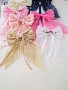 8pcs/Set Girls Floral Print Mesh Beaded Ribbon Chiffon Bowknot Hair Clips, Hair Accessories For Daily Use - Multicolor - View 5