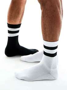 1/2/6/8 pares de Calcetines deportivos para hombre con dos rayas, negros y blancos. Calcetines altos de tubo medianos, también adecuados para mujeres