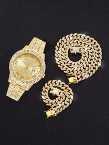 Set de 4 piezas: 1 reloj analógico de lujo de cuarzo cristalino, 2 pulseras con cuentas de estilo hip-hop, 1 collar con colgante de cruz - Accesorios de color dorado/plateado para hombres, negocios, deportes, uso diario, regalos