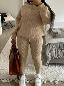 女士针织衫套装，圆领长袖纯色毛衣上衣搭配松紧腰长裤，适合秋冬季节穿着，休闲家居服套装，女士裤装，女士冬季服装，外套 - 卡其色 - 查看 2