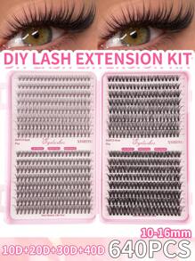 640 DIY D-Curler Eyelash Book, Super Curler Eyelash Extension Set, Multi-Style Eye Makeup Suitable For Beginners, 10-16mm Mixed Length, Natural, Cluster, Fluffy, Dense, Mixed Style, Self-Adhesive, Reusable