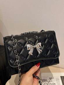 Mini Fashionable Bow Quilted Shoulder Bag With Flap, Elegant Simple Small Chain Shoulder Bag , Old Money - Black - View 9