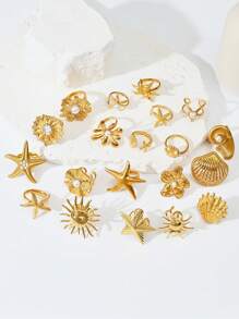 1 Peça Anel Ajustável Floral com Pérola Falsa, Concha e Estrela-do-mar, Retrô de Aço Inoxidável Dourado, Moda Verão Festa na Praia Uso Diário, Ótimo Presente para Namorada, Amiga