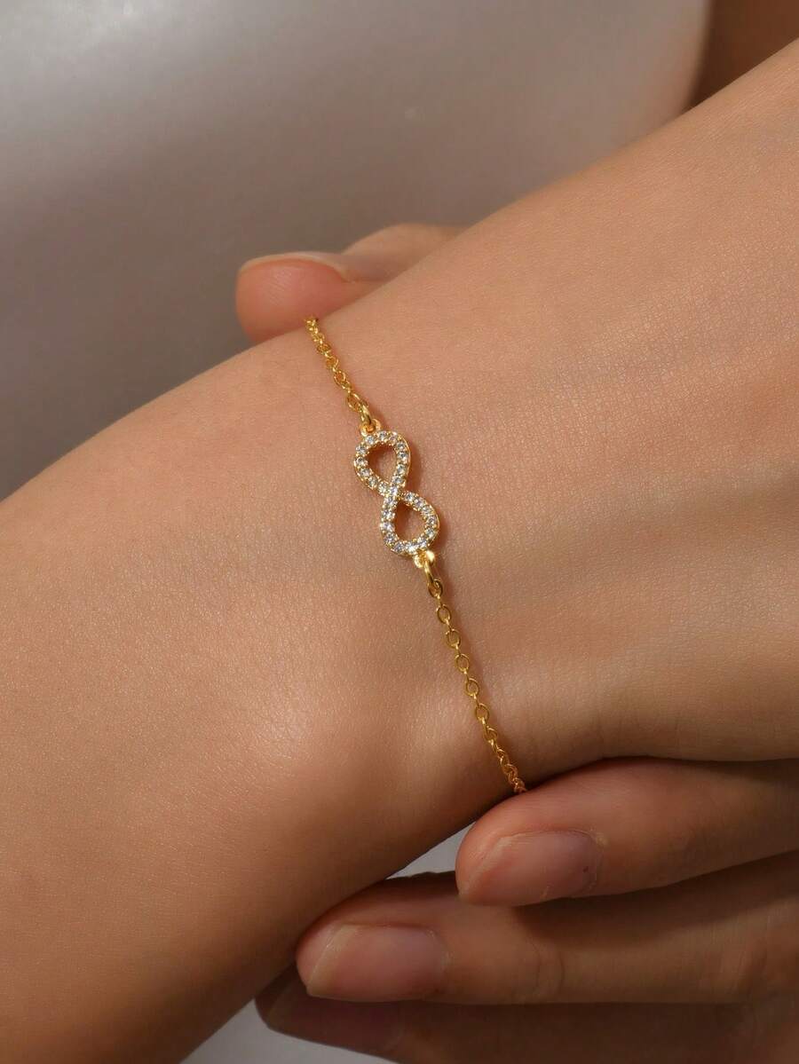 1 件无限形方晶锆石手链，时尚女士锆石手链 - 金黃色 - 查看 1