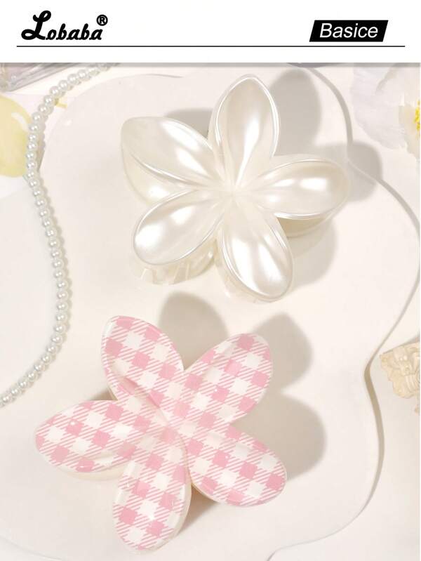 2pcs Bohemian Vibe Pink Pearly Floral Check Pattern Painted UV Printed Plumeria ABS Hair Claw, Sweet & Lovely For Beach, Nature, And Everyday Hairstyles Fashion Hair Accessories Flower Claw Clips Elegant Hair Clip