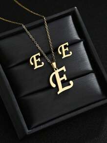 1 Set A-Z Stainless Steel Initial Necklace And Stud Earrings Jewelry Sets Alphabet Letter Pendant Chain Accessories Gifts