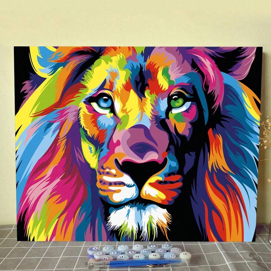 Kit de pintura digital DIY al óleo acrílico, 40*50cm con pinturas y pinceles, excelente para aliviar el estrés, pintura a mano por número, diseño de león colorido, artesanía de decoración para pared, pintura para principiantes, regalo ideal (sin marco)