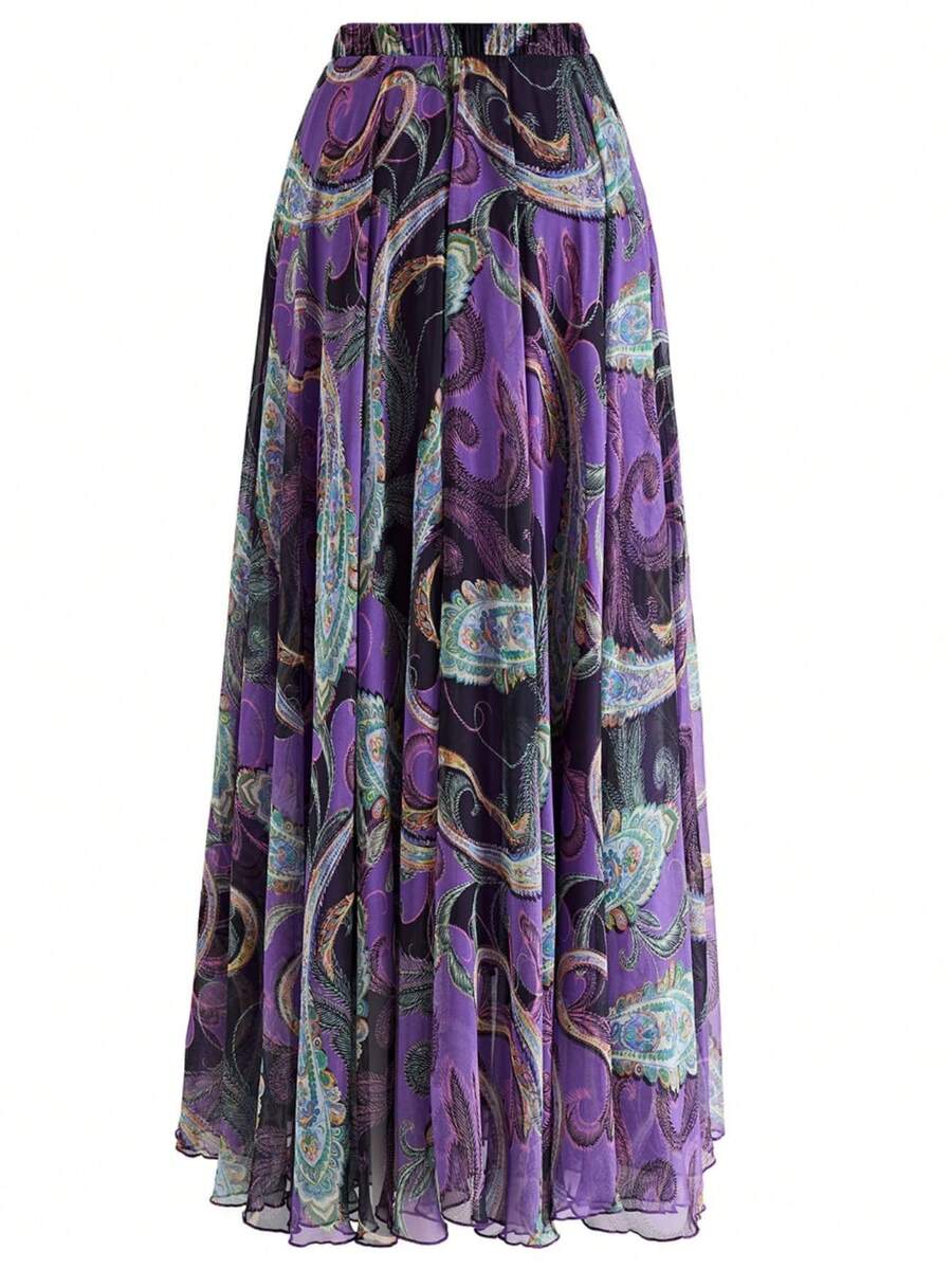 Women's Elegant Floral Print Long Skirt - Purple - View 1