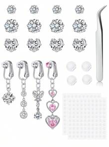 Piercing de ombligo falso estilo Y2K para pegar, joyas de piercing de ombligo falso con corazones de CZ de acero inoxidable en color rosa, plata y oro, aretes falsos con corazones rosa, joyas de piercing de ombligo falso para pegar sin perforación