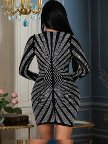 Abito da cocktail corto da donna con scollo a V profondo, decorato con paillettes e strass, silhouette a matita con maniche lunghe, Gonna aderente nera con scollo a V e strass, vestito da ballo autunnale e invernale, abiti da ballo formali da donna, abito natalizio