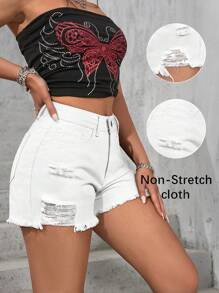 Shorts vaqueros blancos casuales de mujer con bolsillo y borde deshilachado