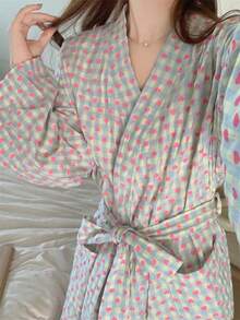 Women's Floral & Plaid Robe - Thickened Soft V-Neck Pocket Design For Home, Spring Sleepwear, Spring/Autumn Bathroom Use & Loungewear (Mid-Length) (Bath Robe Women, Bathrobe) - Multicolor - View 2