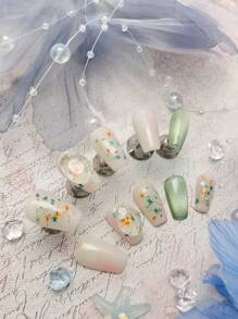 10 Peças de Unhas Artificiais Prensadas à Mão, Estilo Simples e Elegante, Decoradas com Olho de Gato Verde, Flores Secas e Pedras de Vidro, Unhas Artificiais Curtas no Formato Caixão Adequadas para Meninas e Mulheres, com 1 Peça de Cola de Gelatina e 1 Lixa de Unhas.