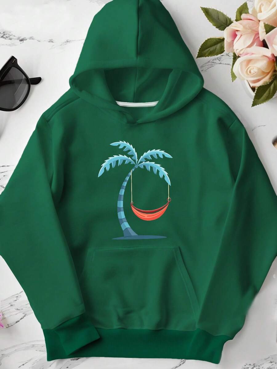 Palm Tree Red Hammock Minimalist Women's Plus Size Casual Hoodies, Vintage Graphic Tops,Daily Wear,Season,School,Holiday,Casual,Festival,Now, Fashion,Hip Hop - 綠色 - 查看 1