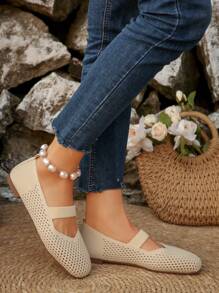 Women's Woven Mary Jane Flat Shoes, Square Toe Mesh Breathable Shoes, Comfortable Elegant Flat Knitted Casual Shoes, School Shoes - Beige - View 9