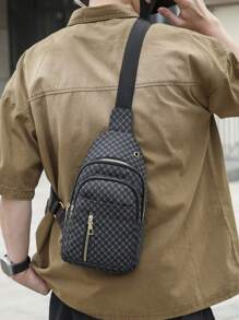 Mini Gingham Print Multi-Pockets Water Resistant Chest Bag Unisex, Portable Messenger Bag For Work, Shopping, Travel, Suitable As Holiday Gift
