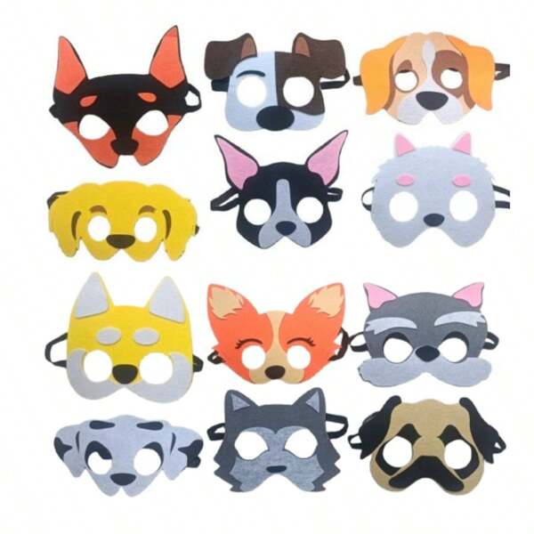 12pcs Puppy Themed Character Masks, Felt Dog Face Masks For Birthday Party, Masquerade, Halloween, Christmas Gifts