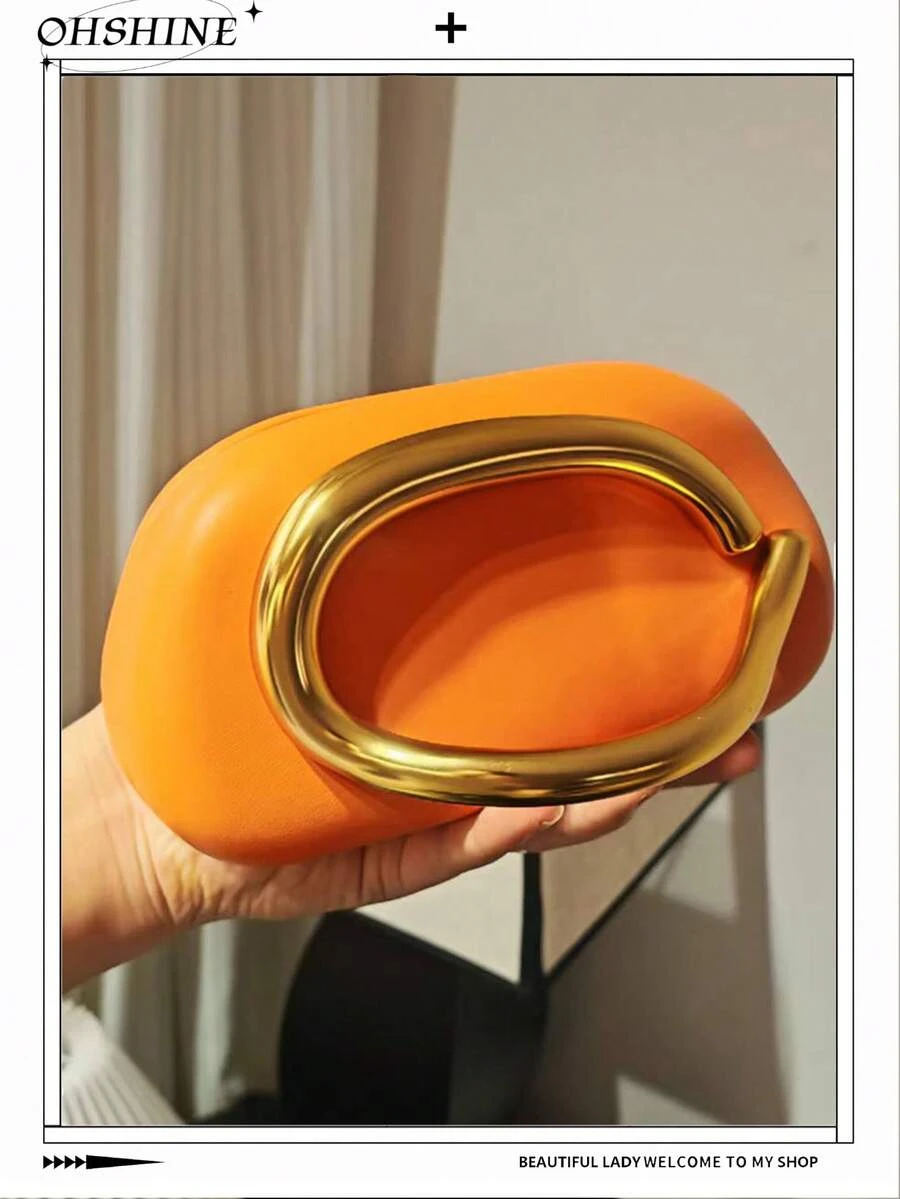Bolsa clutch laranja, bolsa feminina para festa noturna, bolsa redonda em formato de caixa, mini bolsa vintage com alça de metal e corrente, versátil - Laranja - Ver 1