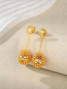 优雅中东女士镀金圆球迪拜珠宝吊坠耳环，配阿拉伯珍珠，派对/婚礼礼物 - 金色 - 查看 1