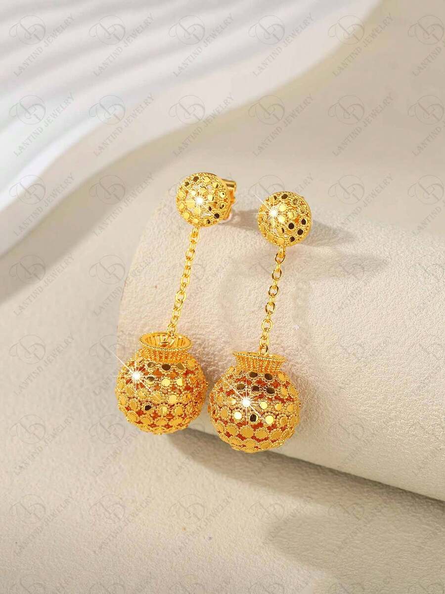 优雅中东女士镀金圆球迪拜珠宝吊坠耳环，配阿拉伯珍珠，派对/婚礼礼物 - 金色 - 查看 1