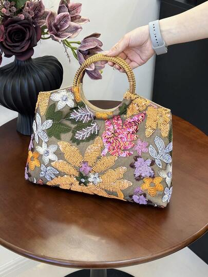 Women's Large Capacity Sequin Tote Bag, Simple Fashion Rattan Handle Linen Tote Bag, Suitable For Holiday Sequin Floral Tote Bag. Vacations, Parties, Beaches, Beaches, Cruises, Holidays, Gifts. (Pattern Position Cut Randomly)