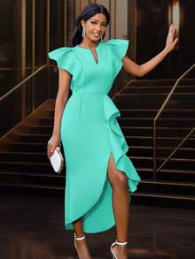 缺口领盖袖不对称下摆派对礼服，优雅鸡尾酒半正式舞会毕业礼服，适合生日、婚礼宾客、毕业典礼、晚宴、返校节、返校节 - 薄荷綠 - 查看 5