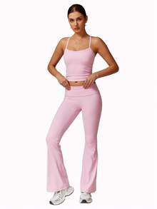 MFVIM Women's High-Intensity Sports Suit With Adjustable Racerback Sports Bra, High-Waist Squat-Proof Flared Yoga Leggings, Suitable For Outdoor, Daily, Gym Workout - Pink - View 6