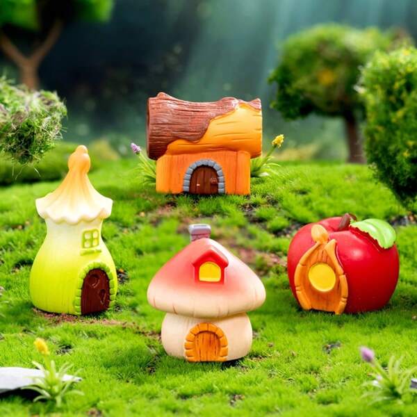 4 peças de casa de conto de fadas fofa da floresta, micropaisagem de resina em miniatura, mundo encantado, decoração de mesa faça você mesmo