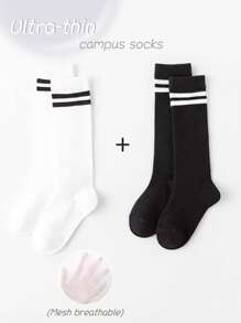4/2/1 Pair Girls Socks, Summer Thin Mesh Mid-Calf Socks, Classic Black & White Stripe School Style, Versatile Fashion, Skin-Friendly Soft Breathable Casual Sports Socks, Suitable For Daily Life, Holidays, Travel, Back To School