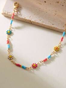 1 Cadena de tobillo de oro con diseño de girasol de playa de verano, un regalo para una amiga con cuentas aleatorias