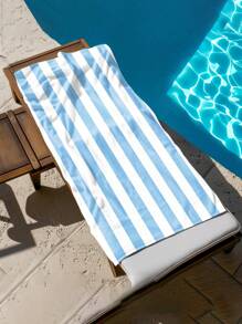 1pc Vibrant Light Blue Striped Beach Towel, Super Absorbent Microfiber Extra Large Beach Blanket, Suitable For Travel, Pool, Diving, Surfing, Yoga, Camping, Available In Multiple Sizes, Beach Accessory Beach Essentials