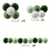 19 pièces/Set Décorations de fête de jungle bohème, incluant des boules de fleurs en papier, guirlandes en papier, tranches circulaires, kits de franges, convenant pour mariage, fête, avec fleurs en papier vertes, pompons gris-verts, suspensions de couronnes florales dorées, idéal pour les fêtes de campagne, mariages, enterrements de vie de jeune fille, anniversaires