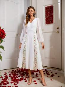 Vestido de Despedida de Noiva com Bordado Floral Branco, Decote em V e Manga de Lanterna, Vestido de Casamento, Vestido Branco Curto